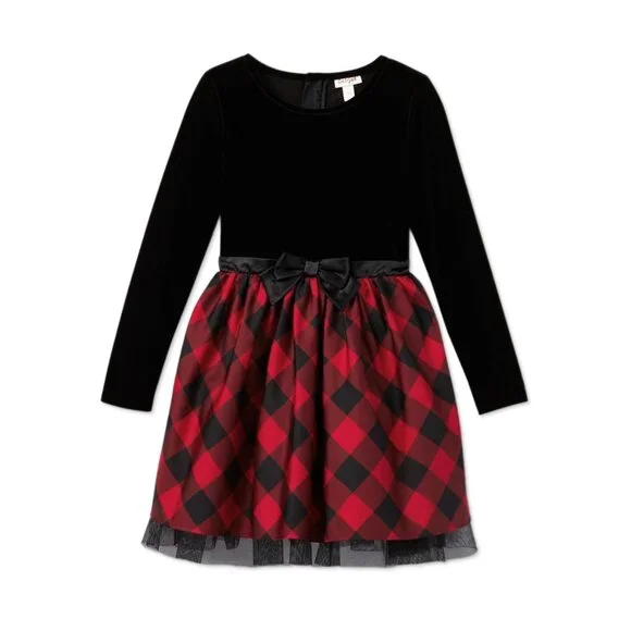 NWT Black Velour & Red Buffalo Check Long-Sleeve Dress - Girls Size L (10/12) - Picture 4 of 5